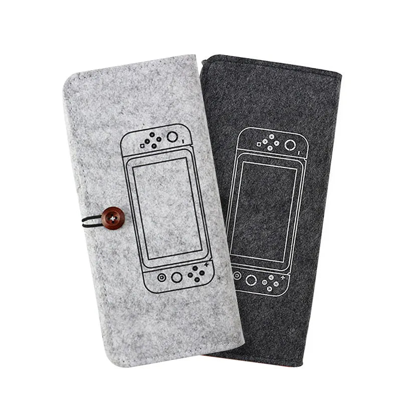 Black felt Nintendo Switch pouch case with double-layer design and game card storage slots
