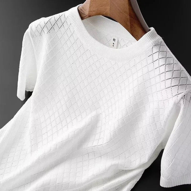 Men's black and white plus size short sleeve T-shirt showing V-neck and round neck styles