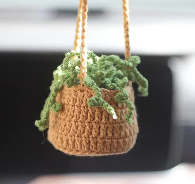 Green and white knitted car plant decoration with hanging rope on 8cm plastic base