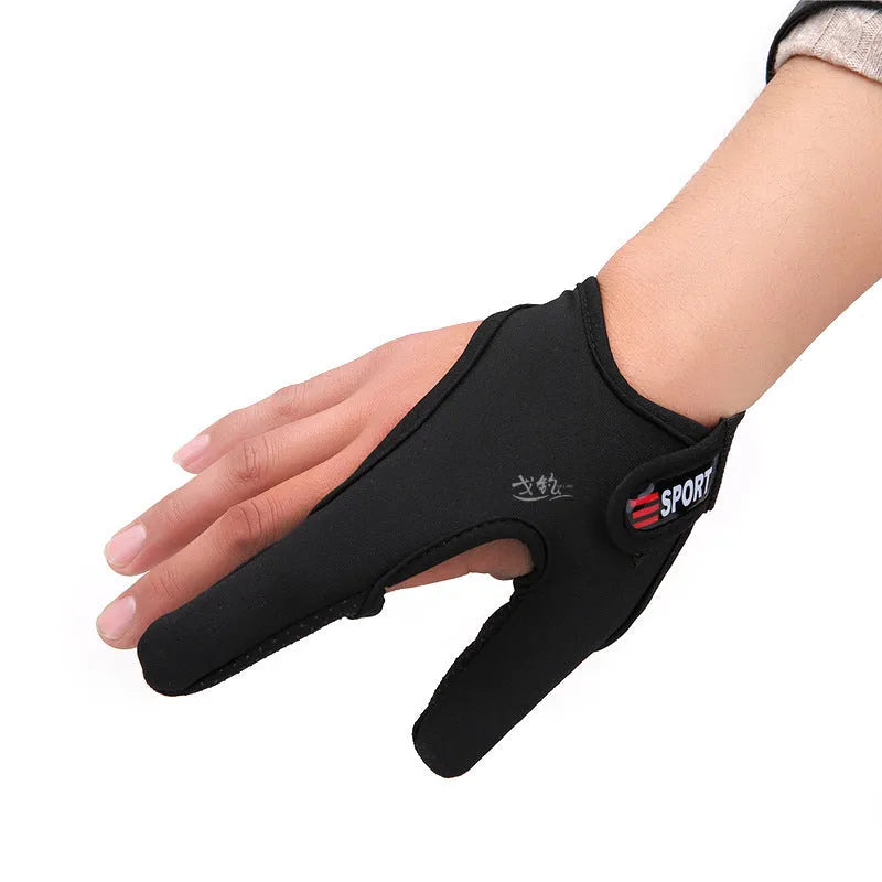 Fishing two finger gloves showing microfiber palm and diving cloth back in black colour