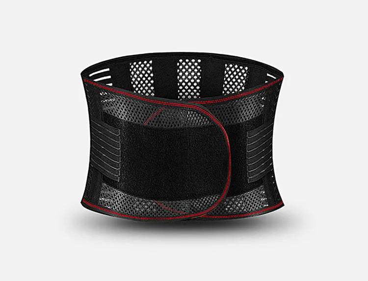 Black sports waist support with steel plate lumbar reinforcement shown with size options for adult athletes