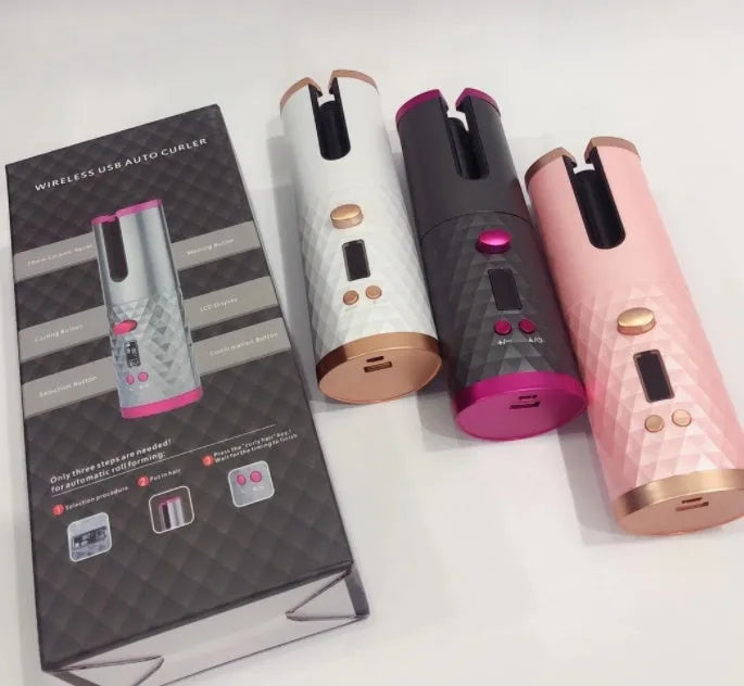 White portable mini curling iron with USB charging port and adjustable temperature dial.