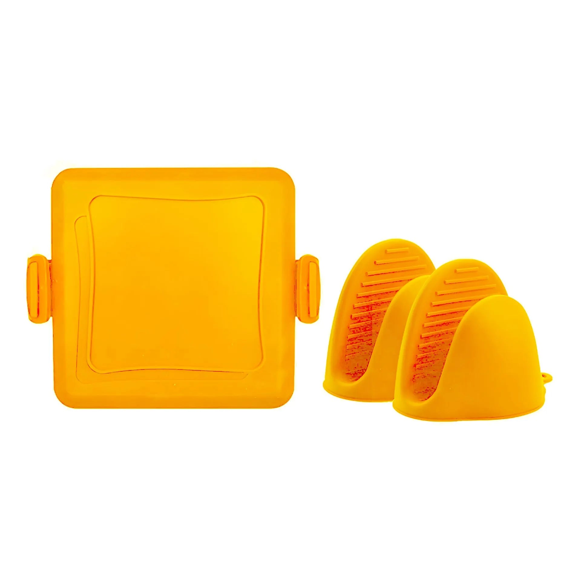 Red silicone baking tray with matching heat-resistant gloves on kitchen counter