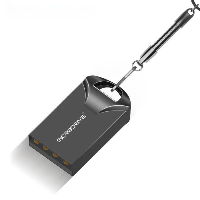 Mini black aluminium USB flash drive showing compact size next to coin for scale
