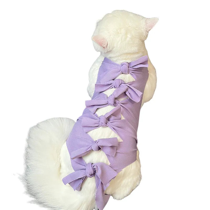 Cat wearing pink sterilisation recovery clothing with lace-up closure after surgery