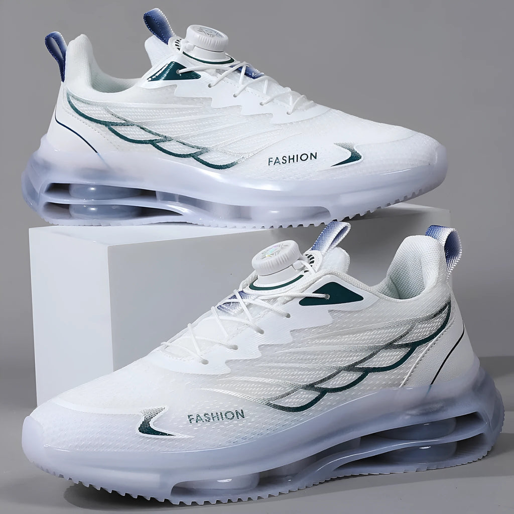 White mesh casual trainers with rotating button lacing system and rubber sole