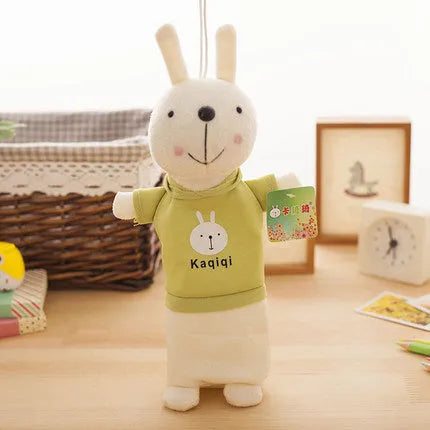 Large soft plush rabbit pencil case in multiple colours, shown with pens inside, dimensions 30cm by 14cm.