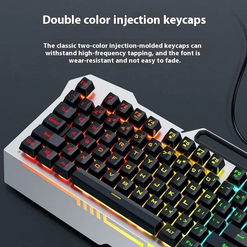 Black and white wired mechanical feeling keyboard, mouse, and headset bundle on a desk.