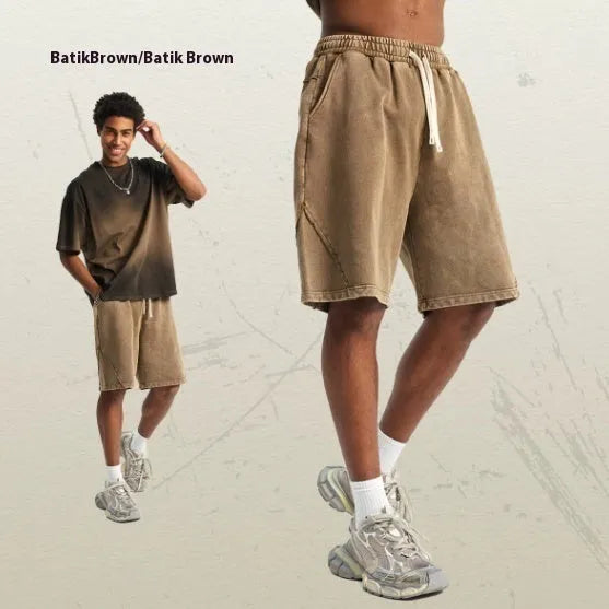 Men's batik washed pure cotton terry shorts in loose fit street style