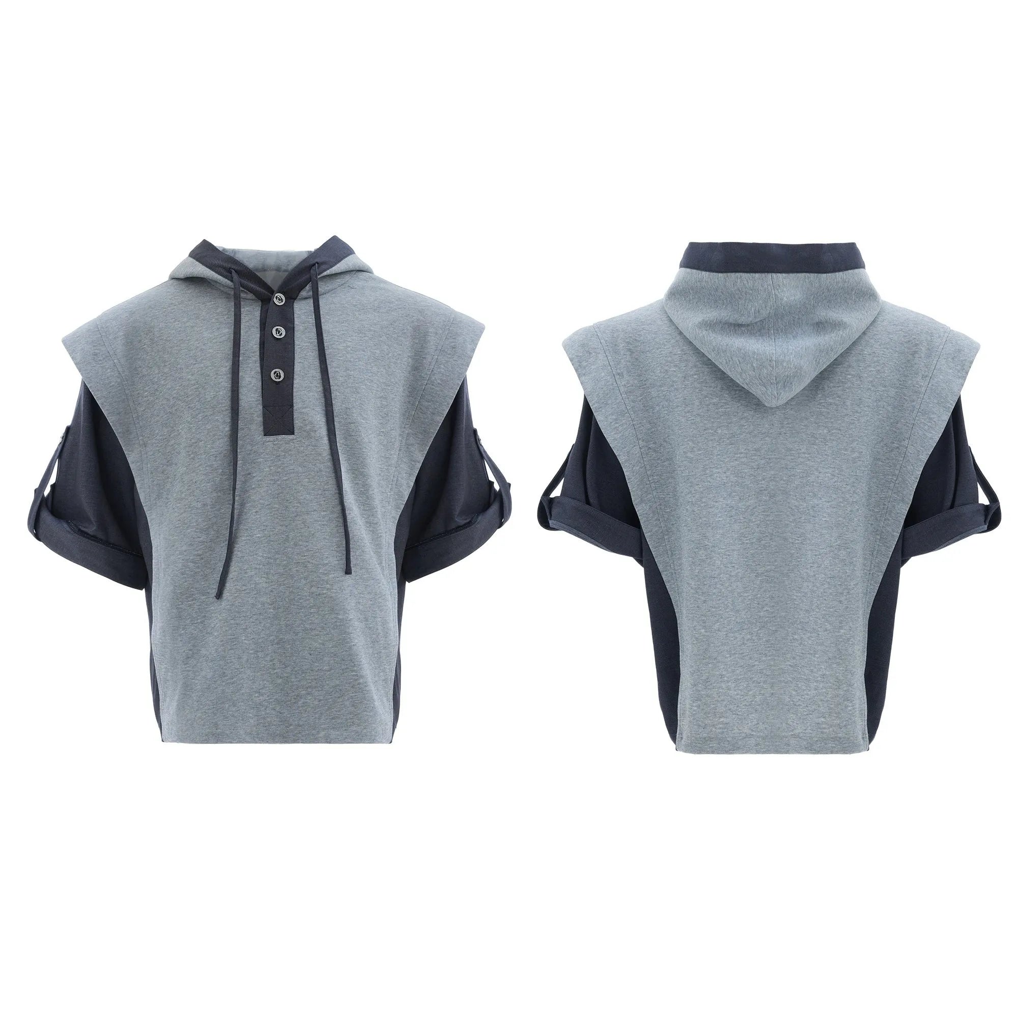 Men's hooded short sleeve sports suit with three-dimensional stitching on polyester jacket and matching trousers in black or grey
