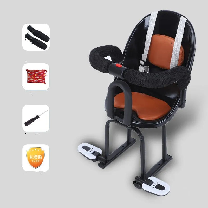 Front child safety seat for electric scooters with high carbon steel frame in black, red, or white colour