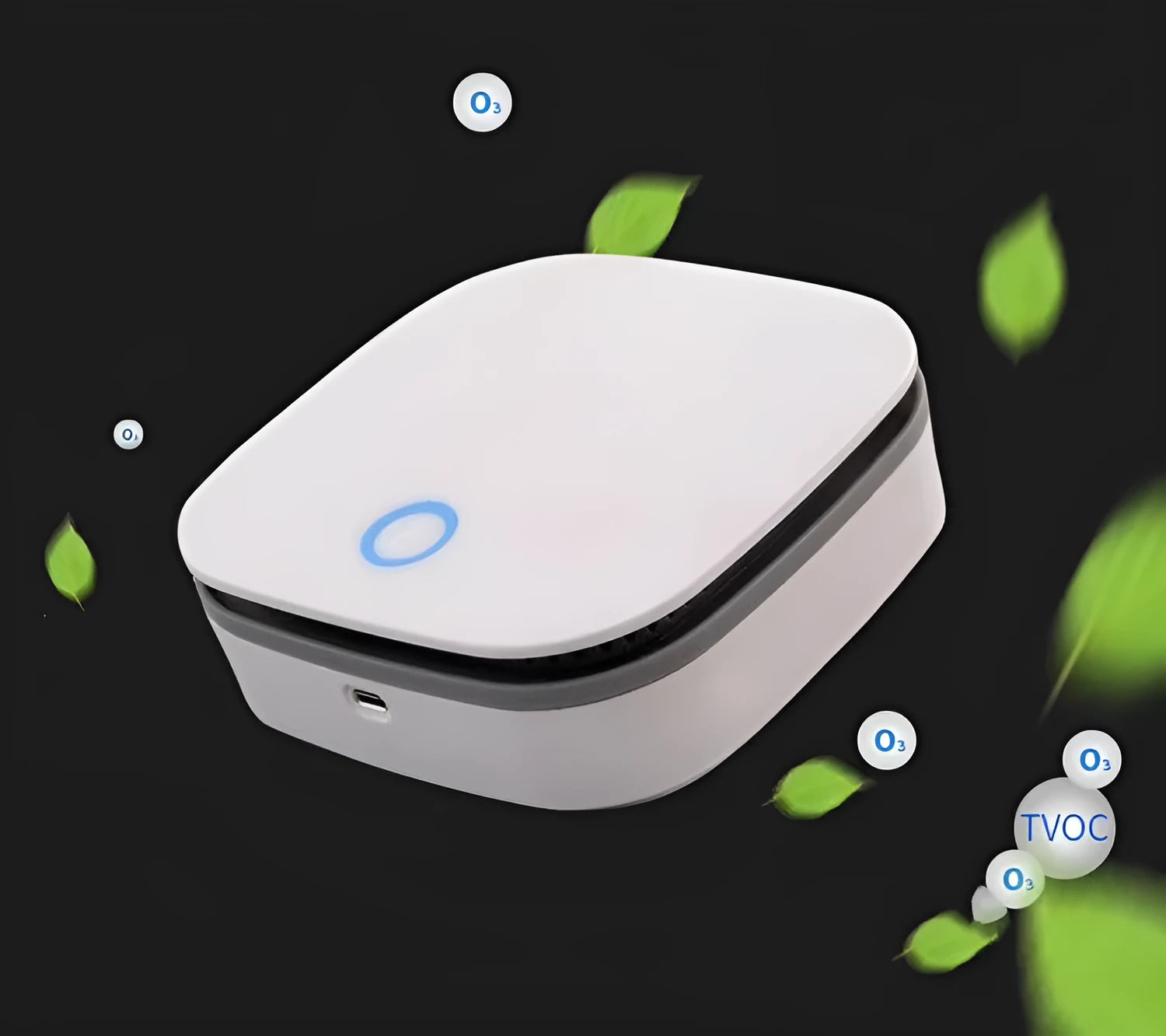 White USB-powered car air purifier with button control for air disinfection.