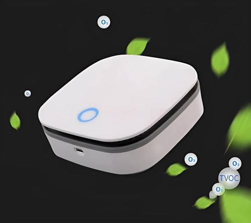 White USB-powered car air purifier with button control for air disinfection.