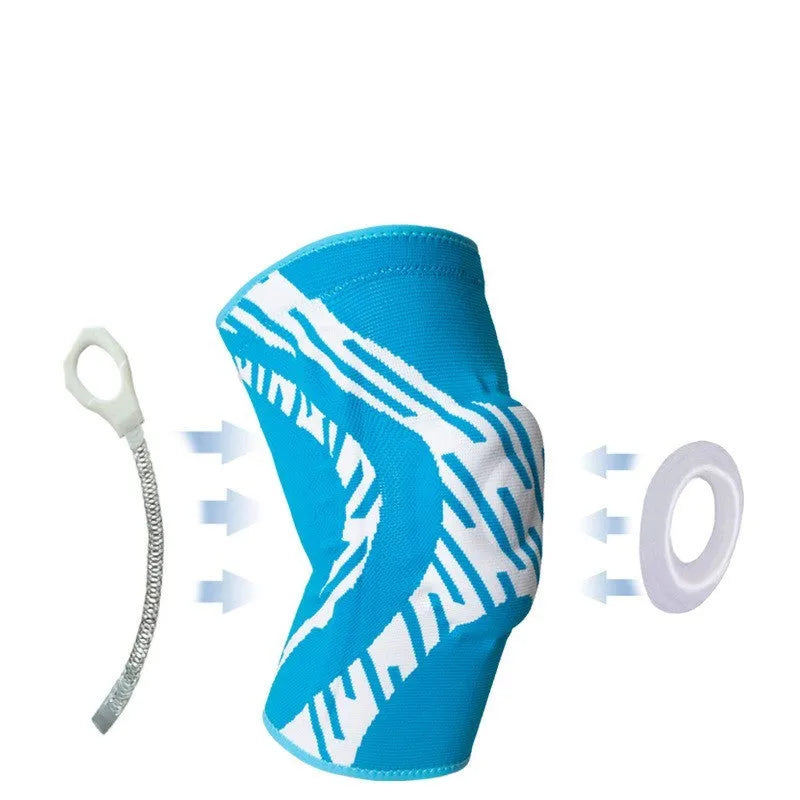Men's black and blue nylon basketball knee pads shown in S, M, L, XL sizes