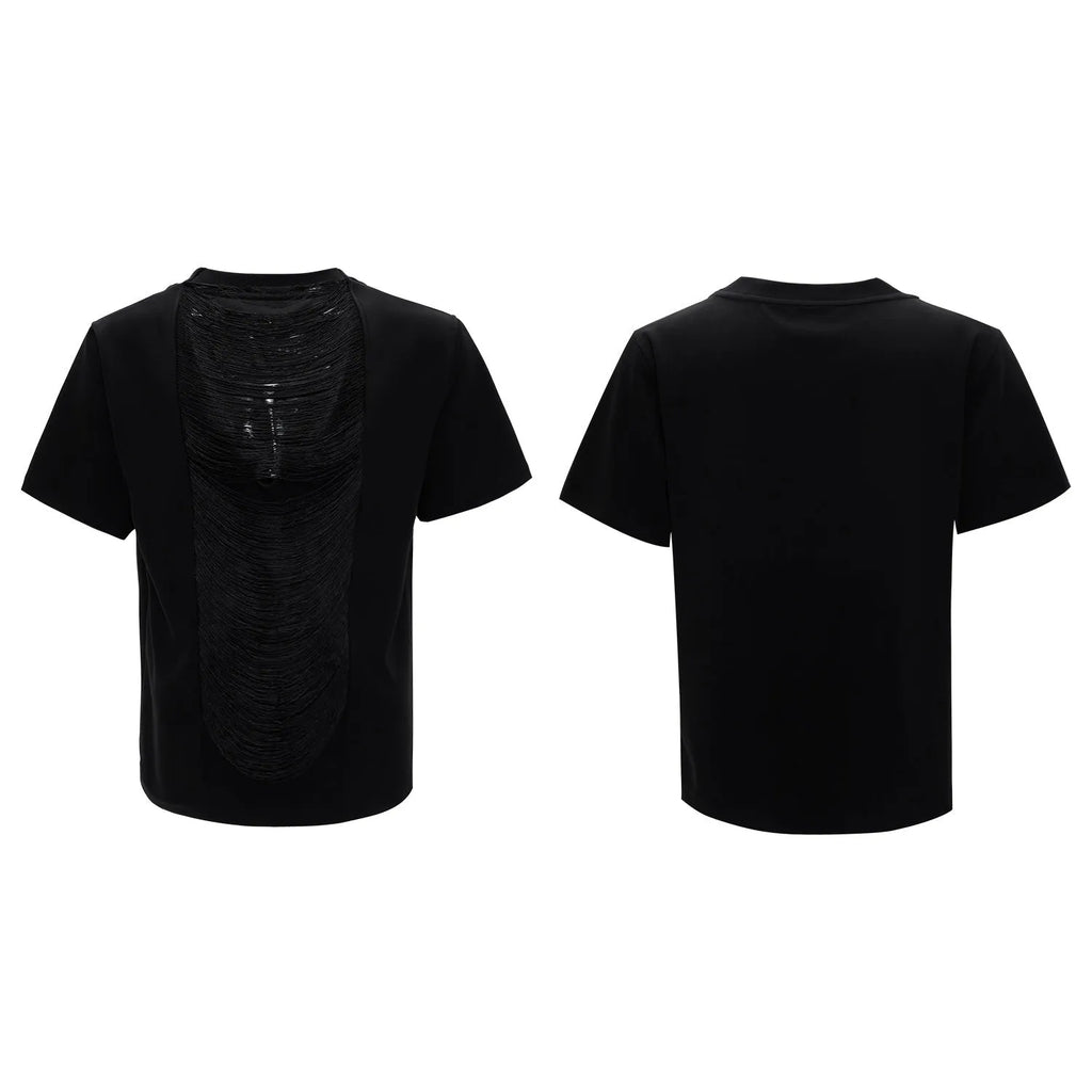 Men's drum black hollow out V-neck t-shirt with short sleeves and tassel detailing
