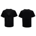 Men's drum black hollow out V-neck t-shirt with short sleeves and tassel detailing