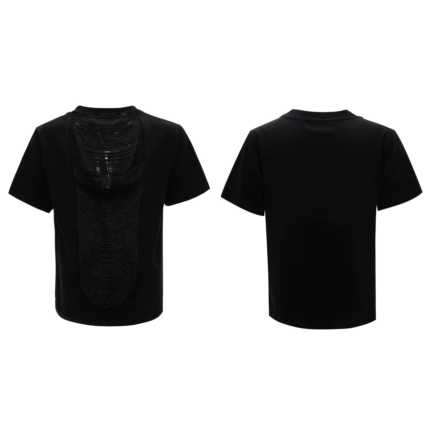 Men's drum black hollow out V-neck t-shirt with short sleeves and tassel detailing