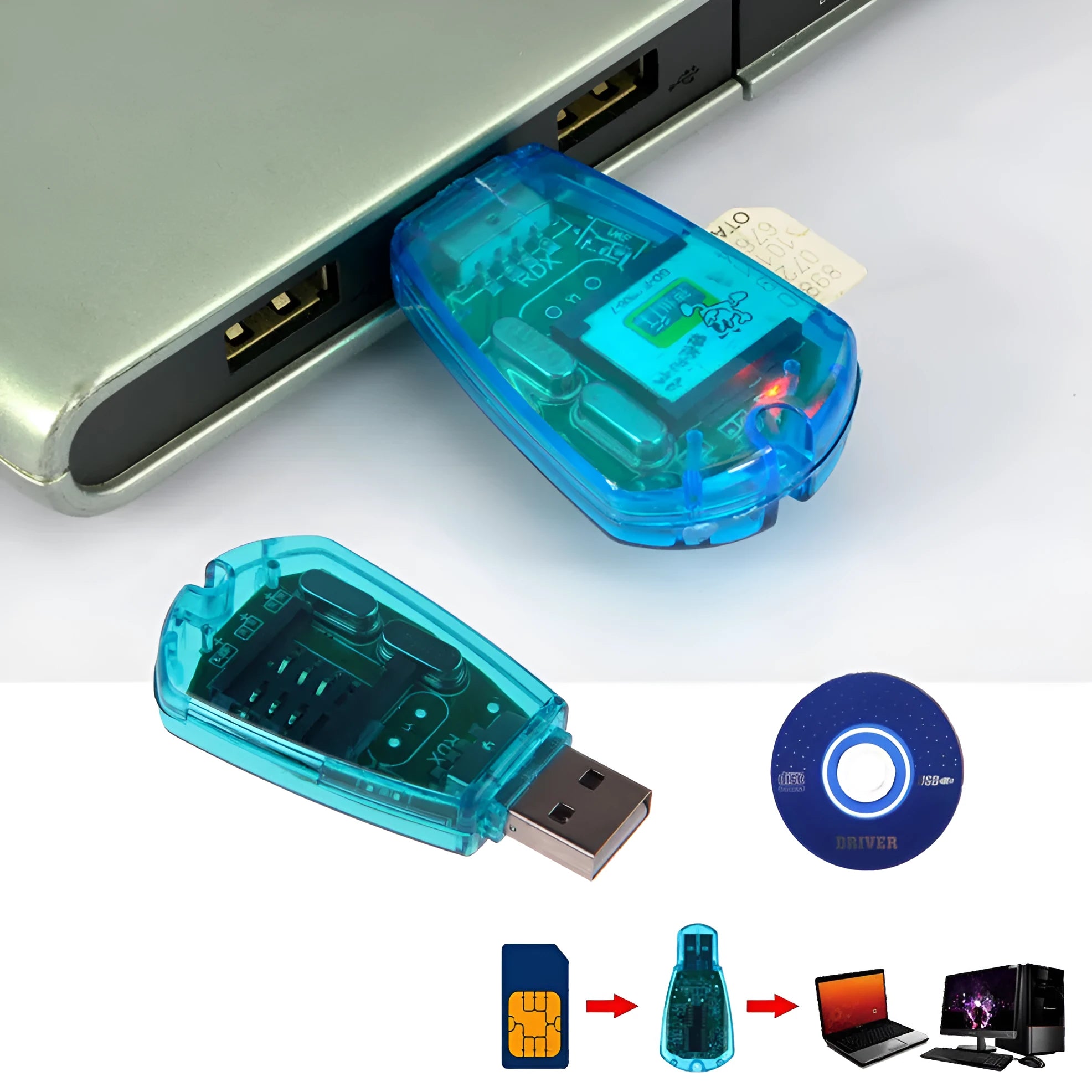 Blue USB mobile phone SIM card reader for data backup and editing on computer.