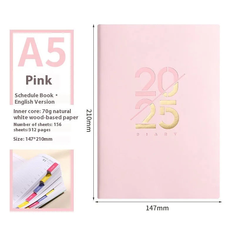 A5 daily planner with soft faux leather cover showing multiple colour options including pink yellow purple blue green