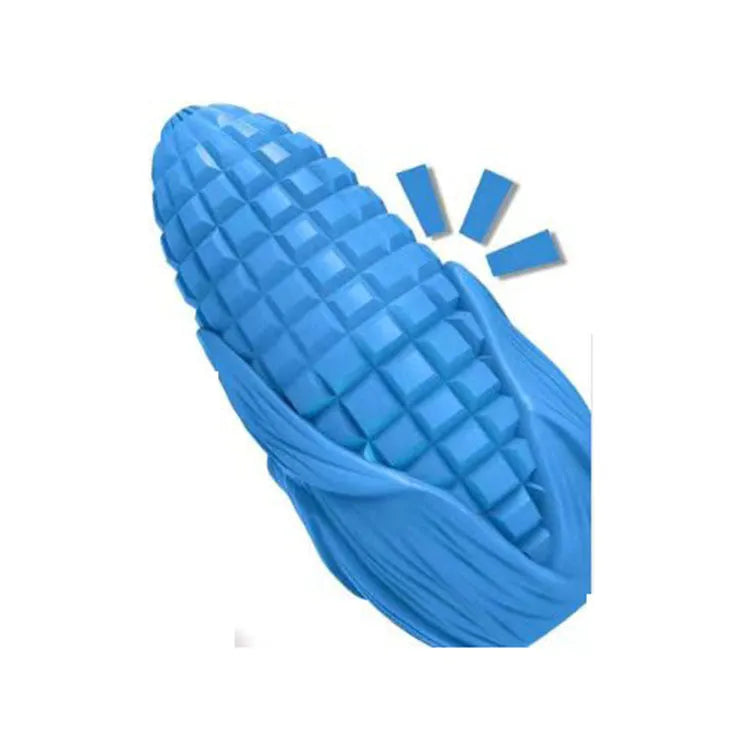 Blue and yellow corn stick dog chew toy with bacon scent and squeaker for aggressive chewers