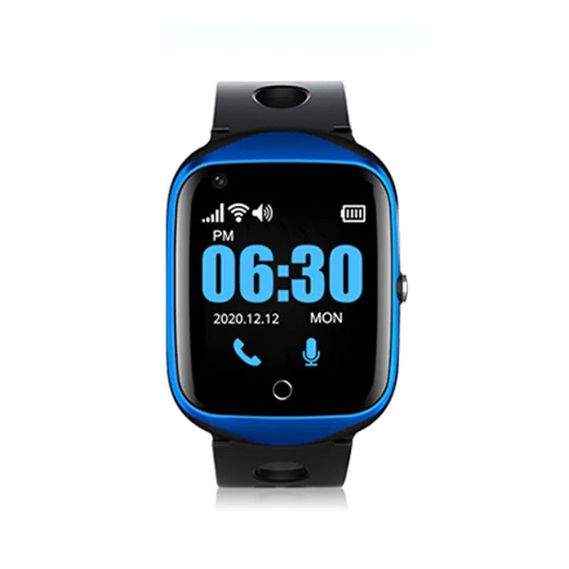 Square screen elderly positioning watch with GPS tracking and SOS calling features in black, blue, or silver colours