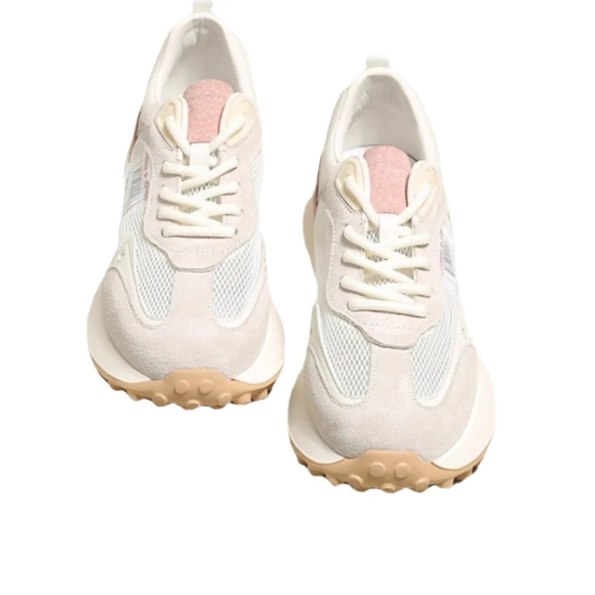 Women's grey and pink low-top retro sneakers with round toe and flat rubber sole