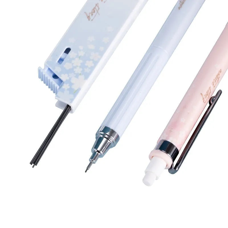 Three Sakura-design automatic pencils with mixed colours and 0.5mm HB refill boxes