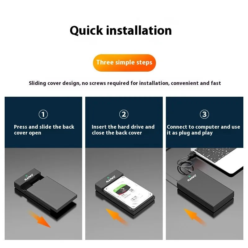 Black and silver 3.5-inch SATA to USB hard drive enclosure with power adapter and data cable