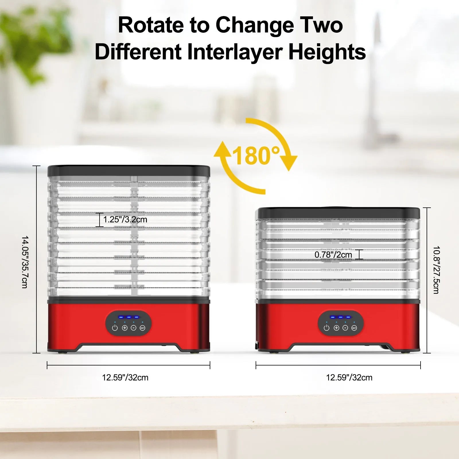 Eight-layer food dehydrator appliance in silver or red finish with collapsible design for compact storage
