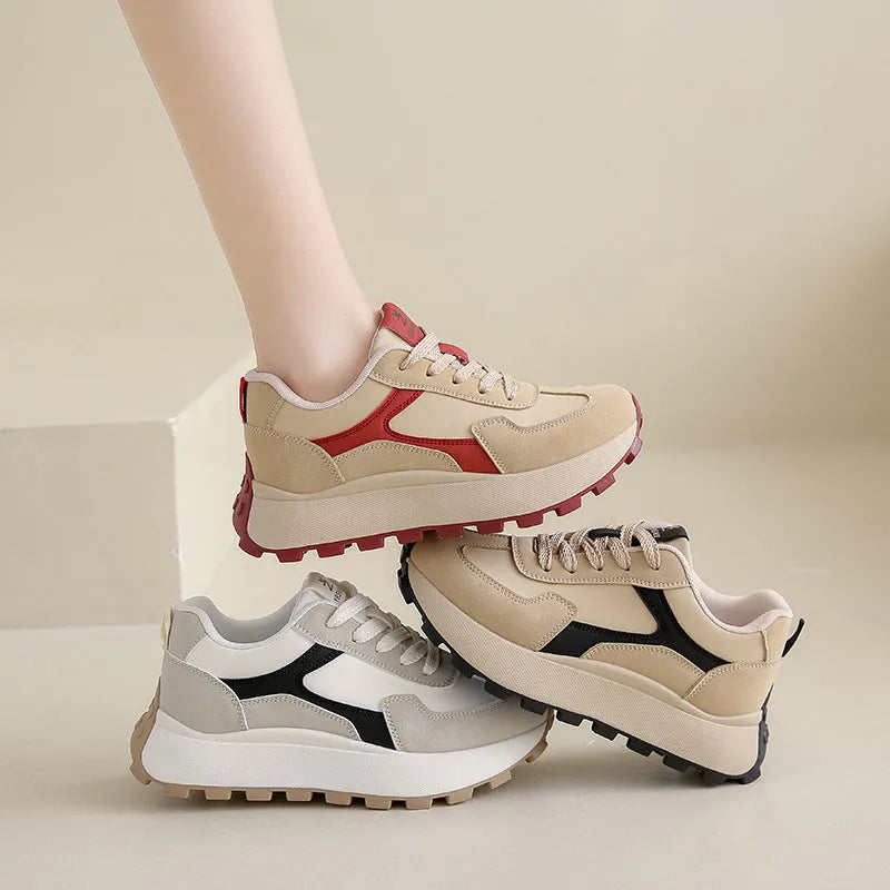 Women's low-top platform sports shoes in card black, khaki red, or white grey with flat heel and lace-up front.