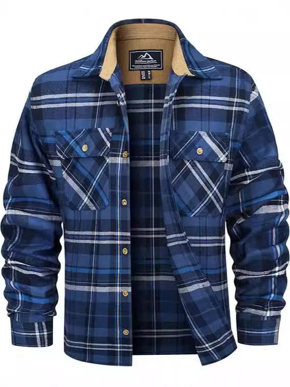 Man wearing a plaid button-down flannel shirt in cardigan style, showcasing orange and green colour options.