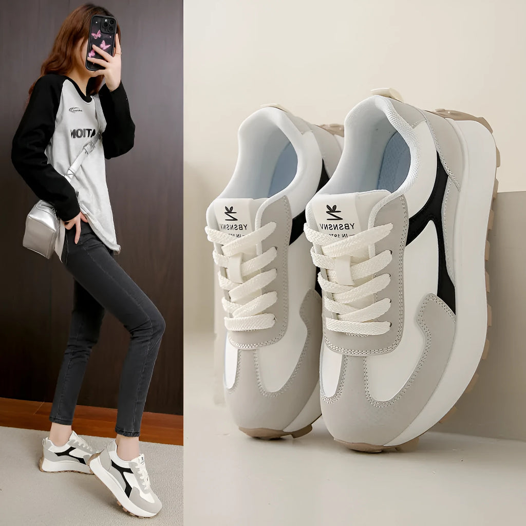 Women's low-top platform sports shoes in card black, khaki red, or white grey with flat heel and lace-up front.
