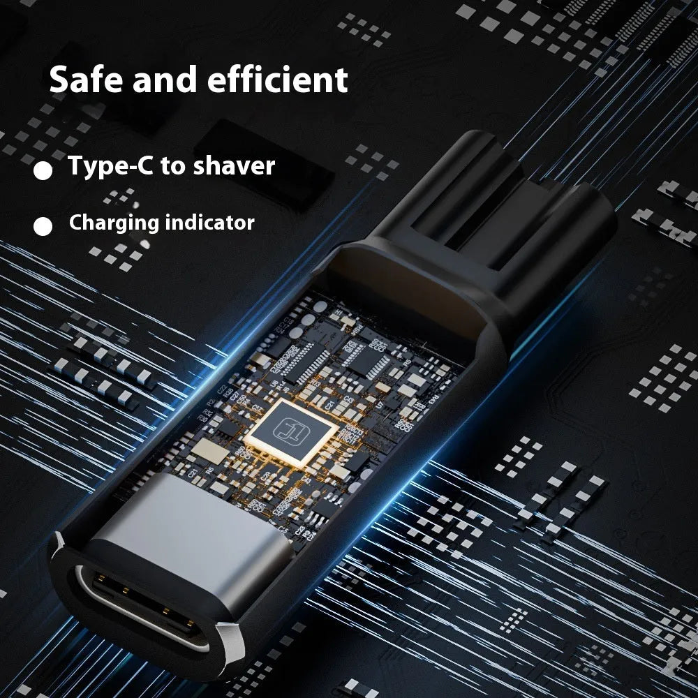 Black aluminium alloy USB-C to DC charging adapter for electric shavers with 4.3V output.