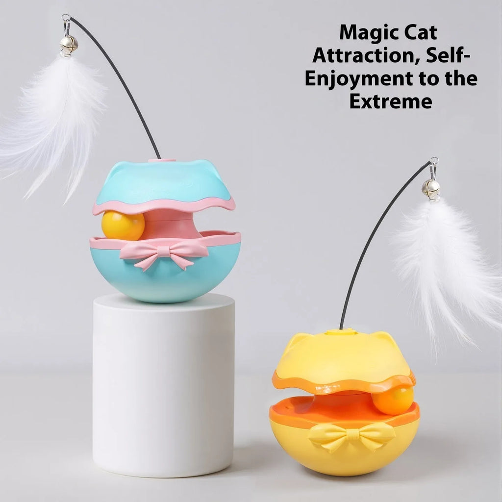 Electric cat toy tumbler in lemon yellow, sky blue, or soft fog grey showing self-moving plastic design