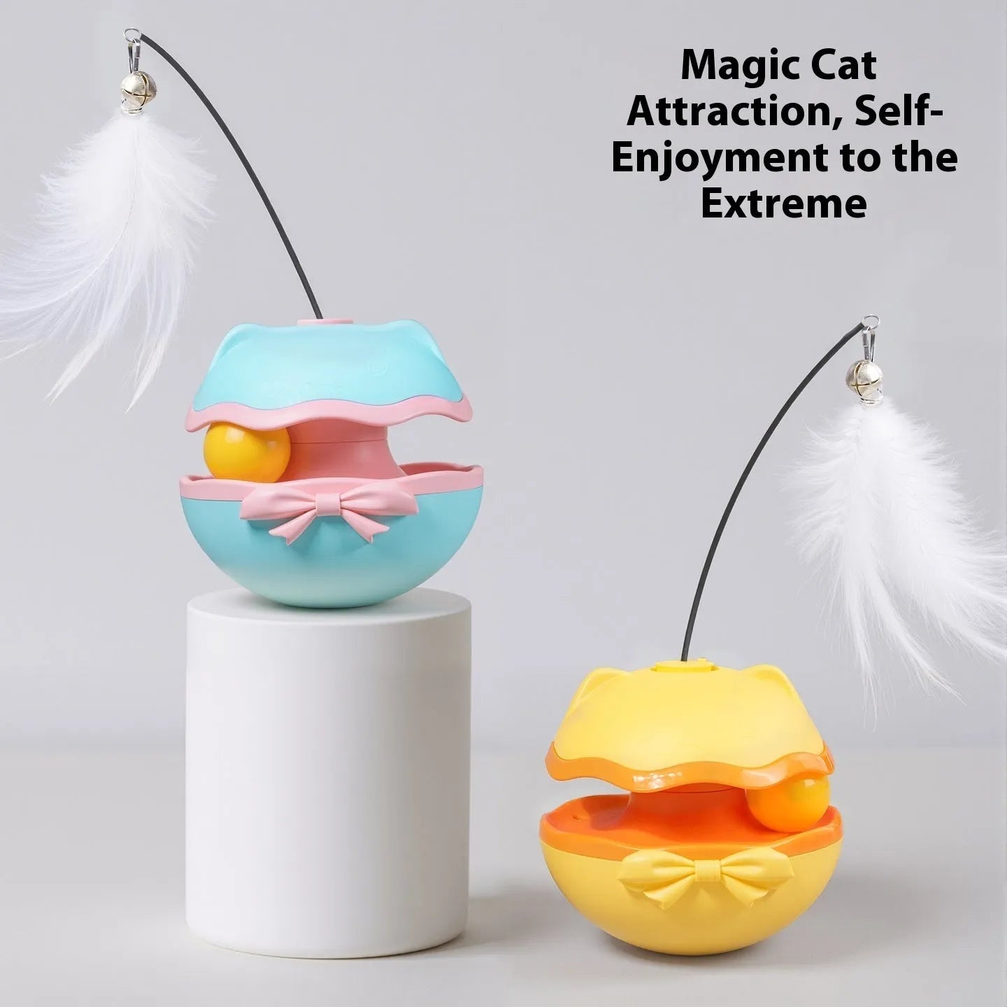 Electric cat toy tumbler in lemon yellow, sky blue, or soft fog grey showing self-moving plastic design