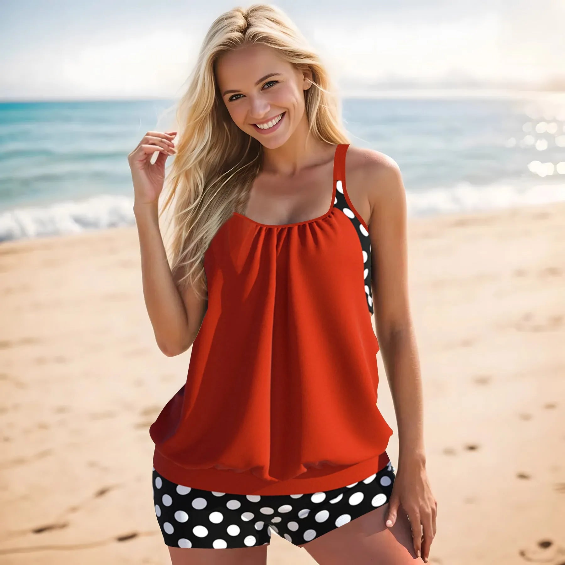 Women's split printed polka dot boxer swimsuit briefs in high-waist conservative style