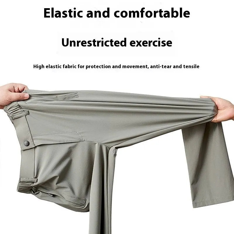 Men's straight-leg ice silk trousers in a loose fit with an elasticated open waistband.