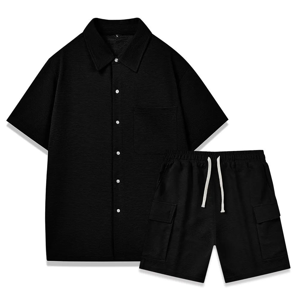 Women's beige elastic waist shorts and short sleeve top two-piece set laid flat.