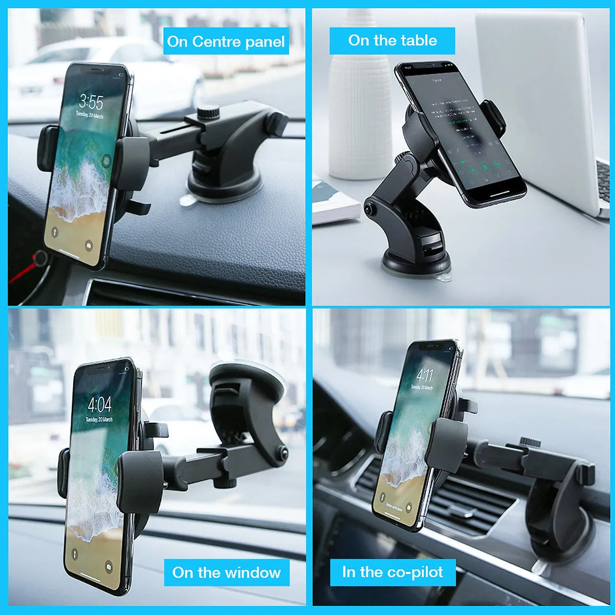 Yellow and black telescopic car phone holder with suction cup mount on textured dashboard