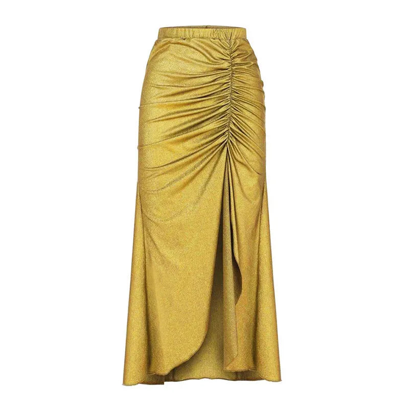 Yellow and green women's high waist split swimsuit bikini set with skirt on mannequin