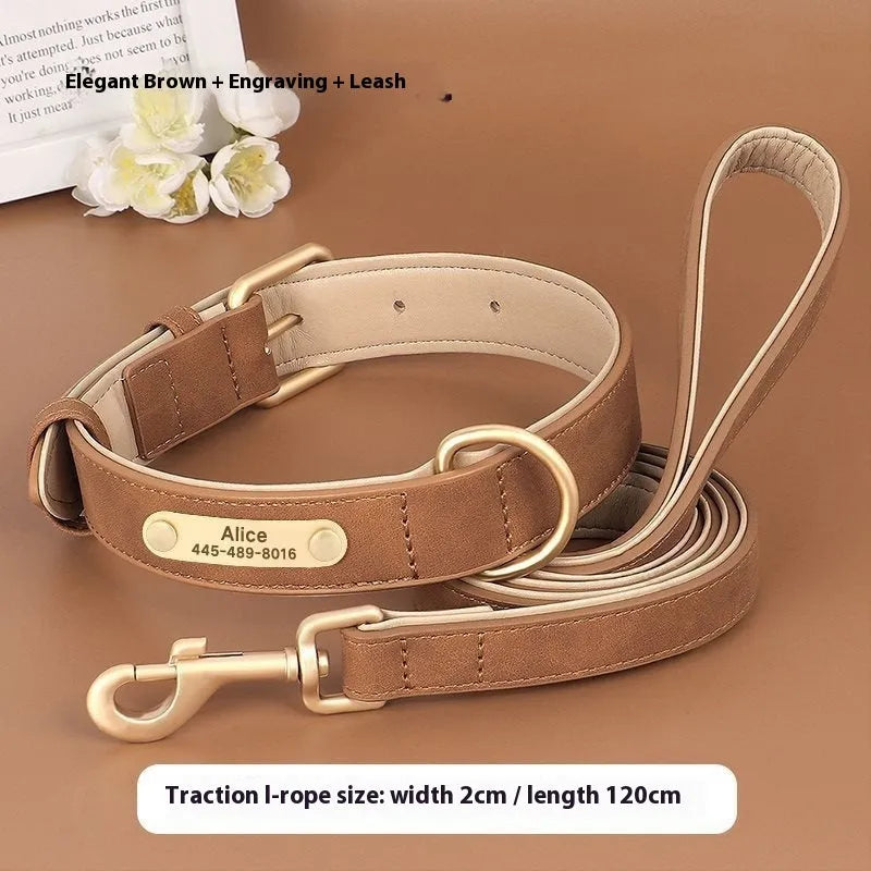 Double-layer leather dog collar with traction rope in rose red, brown, or blue colour