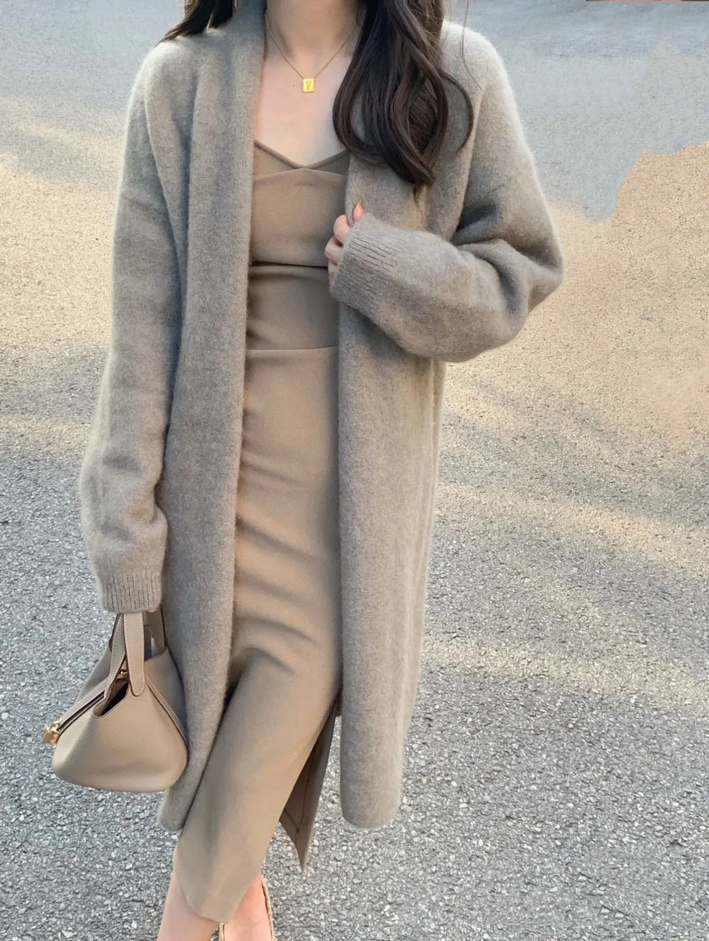 Women's mid-length V-neck knitted cardigan in khaki colour with long sleeves