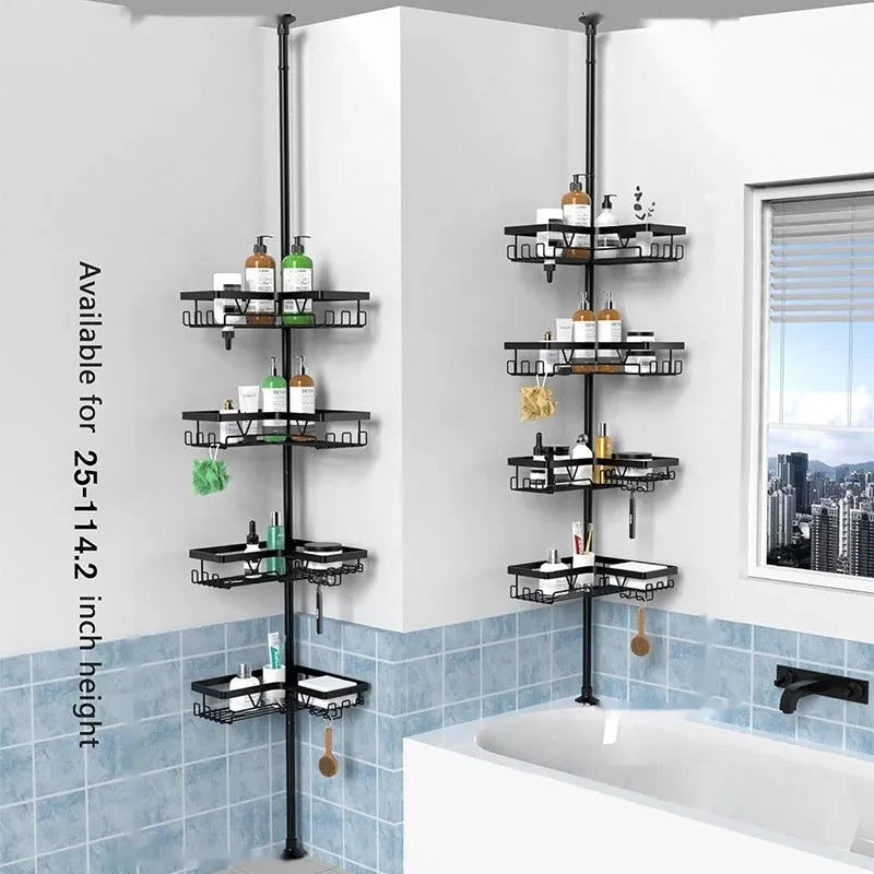 Silver retractable bathroom storage rack with four layers in shower corner