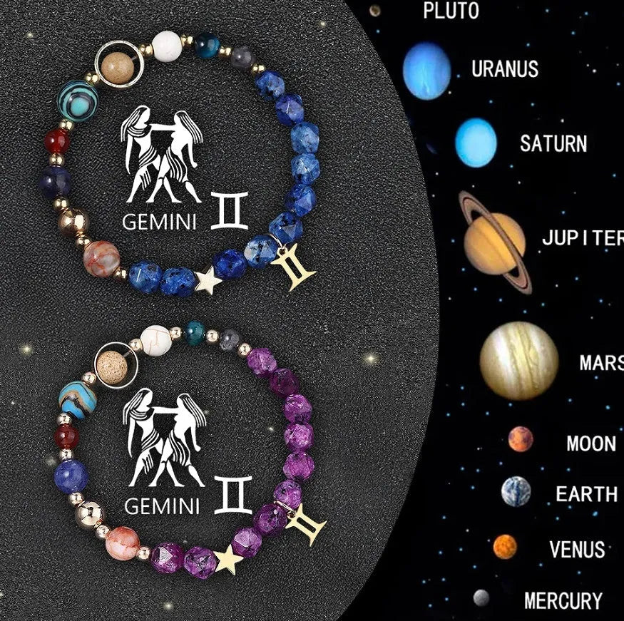 Set of two natural stone beaded bracelets with silver zodiac charms on an adjustable cord.