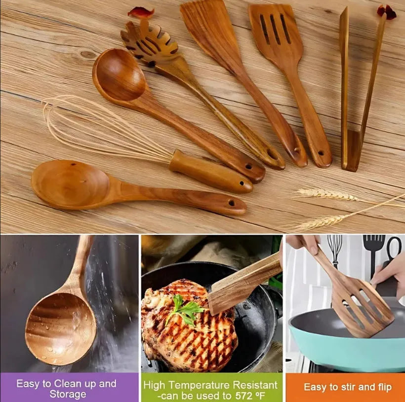 7-piece beechwood cooking utensil set including wooden spoon, spatula, ladle, and pasta fork on kitchen counter