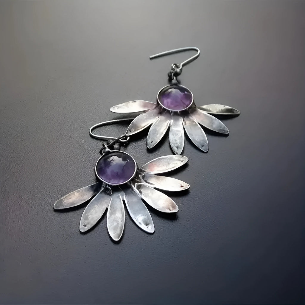 Purple Bohemian drop earrings with resin gemstones and floral animal zodiac designs on alloy settings.