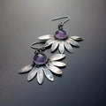 Purple Bohemian drop earrings with resin gemstones and floral animal zodiac designs on alloy settings.