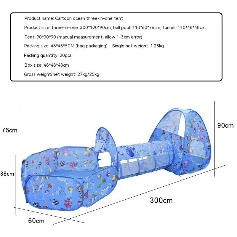 Children's cloth three-in-one play tent with tunnel in a cartoon submarine theme