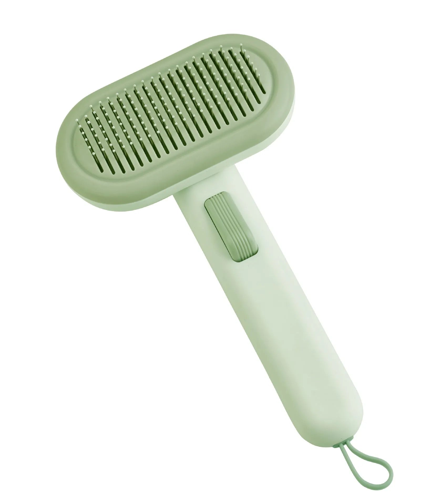 Large pet grooming comb with stainless steel blades in light green colour showing one-click cleaning mechanism