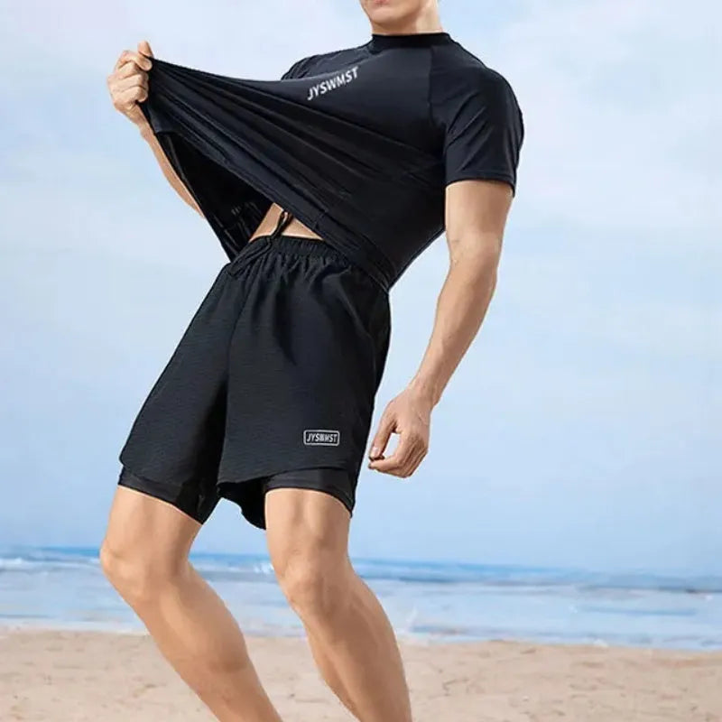 Men's plus size swimming trunks set in polyester fabric with matching top and bottom